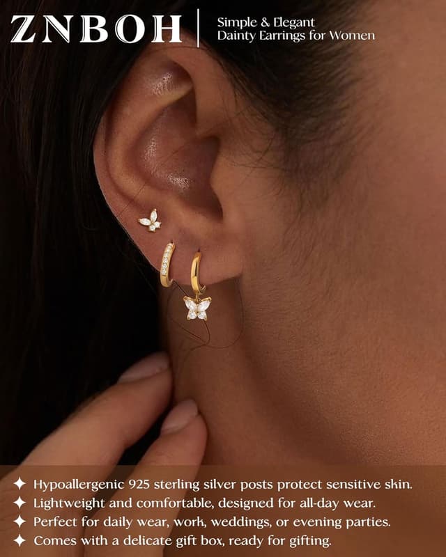 Detalle de ZNBOH set di orecchini in argento 925 (3 paia) con zirconi e design farfalline/quadrifoglio