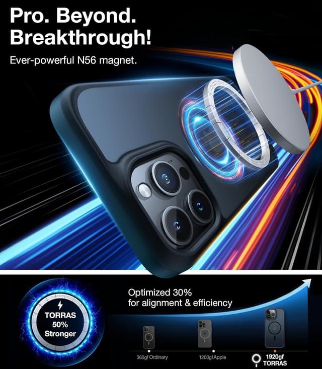 Detalle de TORRAS Magnetic Case for iPhone 15 Pro Max (MagSafe Compatible) — Slim Translucent Shockproof Case, Matte Black