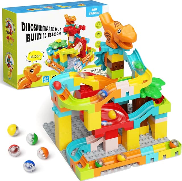 Detalle de burgkidz Murmelbahn Bausteine 90-teilig Dino-Kugelbahn für Kinder ab 3 Jahren