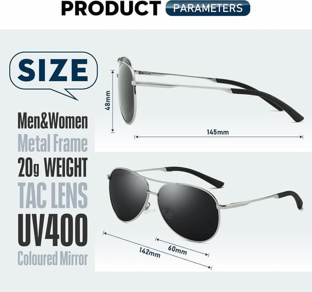 Detalle 2 de wearPro Lunettes de soleil pilote polarisées en TAC, monture métallique légère (homme & femme)