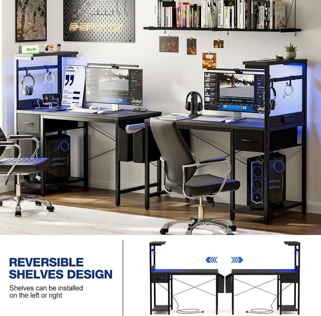 Detalle 2 de Grandder scrivania gaming 100x50 cm con presa di corrente, luci LED e cassetto (nero)