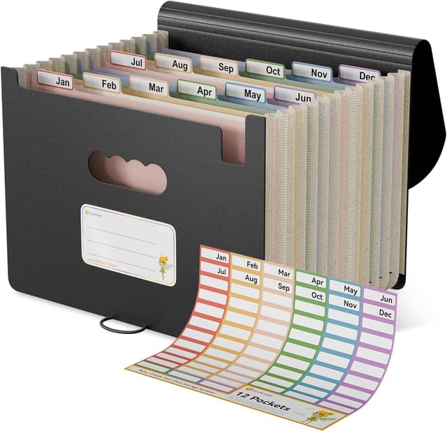 Detalle de EcoStash Accordion File Organiser (12 Pockets) – Wheat Straw expanding file for A4/Letter, natural black