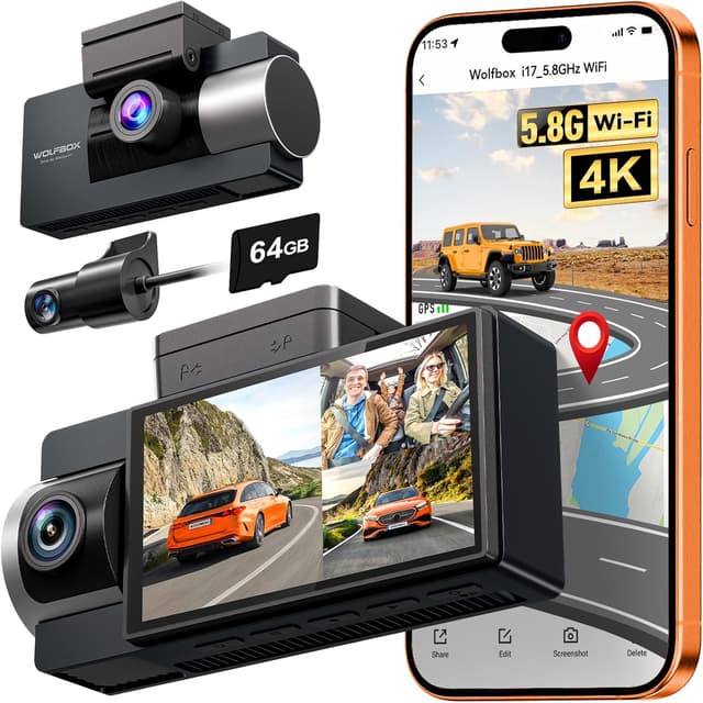 Detalle de WOLFBOX i17 4K Triple-Channel Dash Cam with 3-Inch Screen, Built-in 5.8GHz Wi‑Fi, GPS and 64GB Card