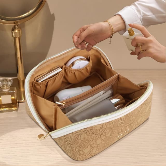 Thumbnail 6 de Prite Große Kosmetiktasche mit großer Kapazität (23,5 × 12,5 × 12,5 cm), wasserdichtes PU-Leder, 180°-Öffnung