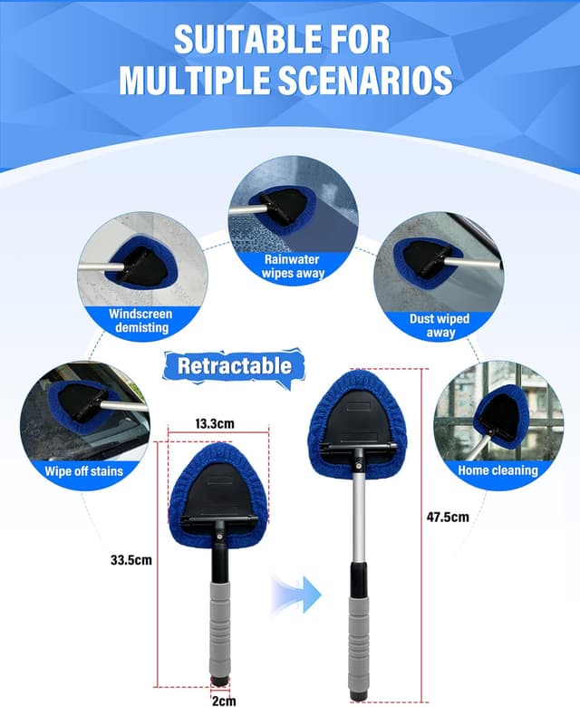 Detalle 2 de JHCHAN car inside windscreen cleaner tool with extendable handle, triangular head and 5 microfibre cloths