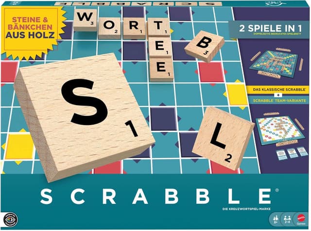 Detalle de Mattel Games Scrabble Brettspiel (JGR62) – klassisches Wortspiel mit Holz-Buchstaben, zwei Spielmöglichkeiten