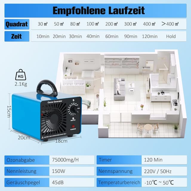 Detalle de Ozongenerator OG-75 (GMGXX) 75.000 mg/h für Räume bis zu 400 m² mit 120-Minuten-Timer