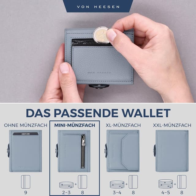 Detalle de VON HEESEN Slim Wallet mit Münzfach und RFID-Schutz – Mini-Geldbörse aus Leder in Hellblau