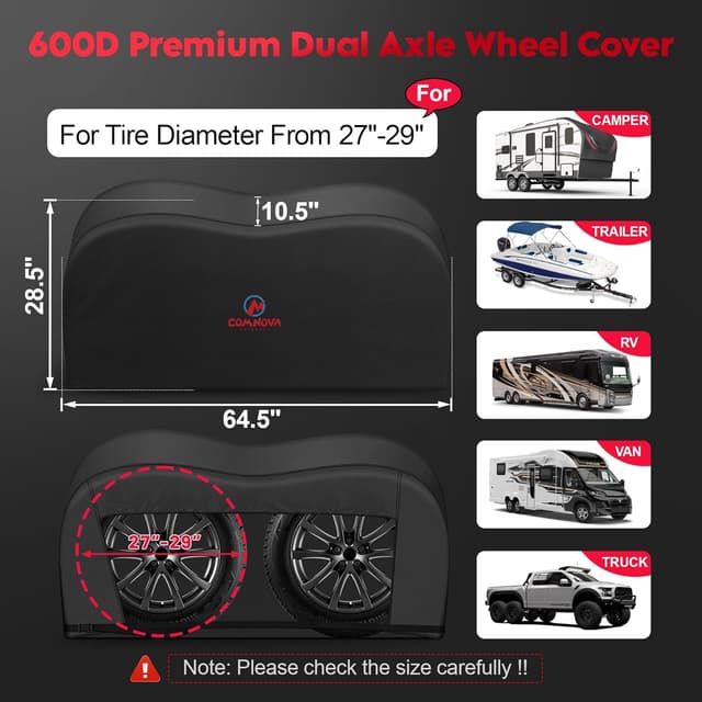 Detalle de Comnova RV Dual Axle Tire Covers (2-Pack) — 600D Waterproof Covers for 27–29 Inch Tires
