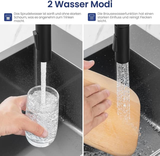 Thumbnail 3 de CECIPA Wasserhahn Küche Schwarz – Hochdruck-Küchenarmatur mit herunterziehbarer Brause, 2 Strahlarten und 360° Drehung