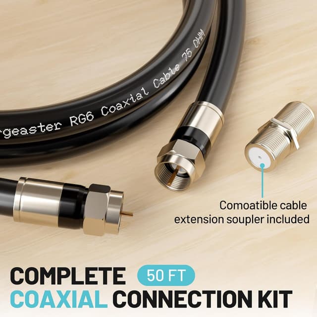 Detalle 2 de Energeaster 50FT RG6 Coaxial Cable with F-Type Connector (Black) — Coax Cable Extender for Internet and TV