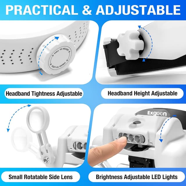 Detalle de Exgoon Lupe mit Licht – Lupenbrille mit 1- bis 14-facher Vergrößerung, 6 abnehmbaren Linsen und USB-Ladeband (Schwarz)