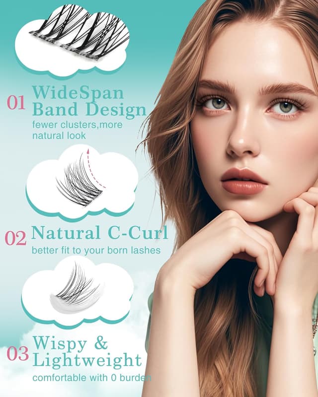 Detalle de Obeyalash Lash Cluster Extensions (C Curl, 8-16 Mix) „Natural Look“ für Cat-Eye – 120 Stück, Clear Band, DIY
