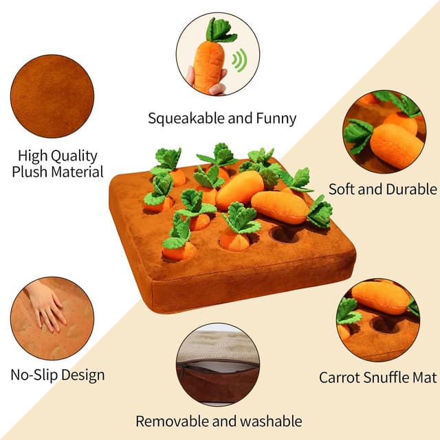 Detalle de Yeqqzq Carrot Dog Toys 2-in-1 Snuffle Mat & Plush Puzzle with 12 Squeakable Carrots