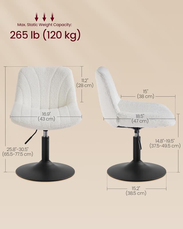 Detalle 2 de VASAGLE LJB160WD02 Dressing Table Chair: height adjustable, 360° swivel beauty stool with backrest (Cloud White)