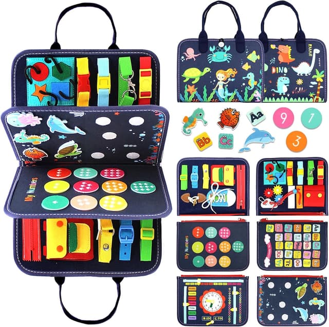 Detalle de Qizfun Montessori Busy Board & Busy Book for Toddlers (Blue/P4) – Screen-Free Travel Sensory Learning Toy