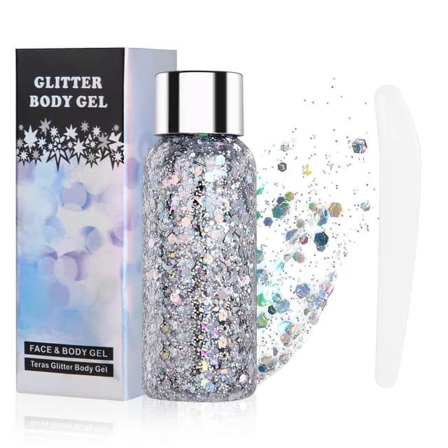 Detalle de URAQT Body Glitter Gel „Chunky Glitter“ (Silber) – glitzerndes Körpergel für Gesicht, Haare, Lippen, Nägel