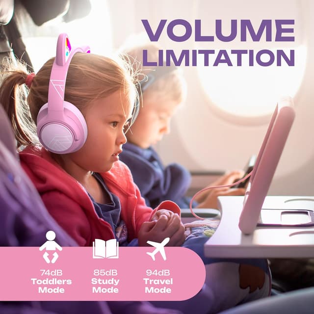 Detalle de PowerLocus Bluetooth Kinderkopfhörer Over Ear mit Lautstärkebegrenzung (74/85/94 dB), LED & Mikrofon, faltbar (Lila/Rosa)