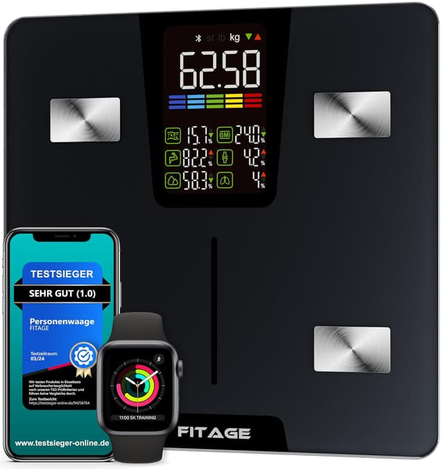 Detalle de Digitale Personenwaage „Testsieger 2025“ – Körperanalysewaage bis 225 kg mit App & 17 Messwerten (Schwarz)