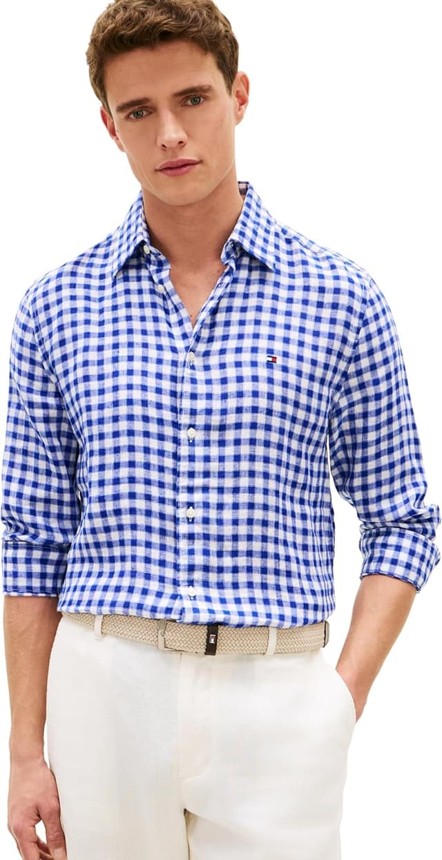 Detalle de Tommy Hilfiger Linen Essential Gingham RF Shirt MW0MW42401 camicia in lino gingham uomo