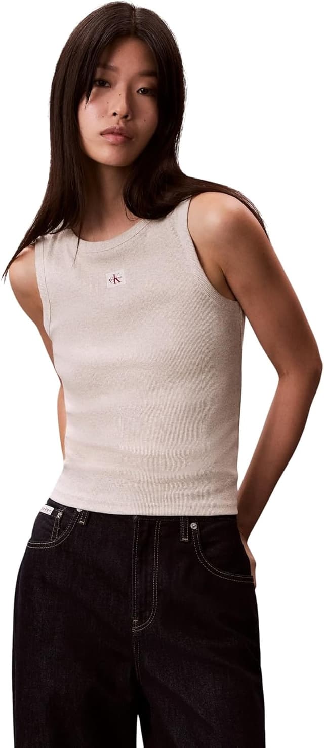 Detalle de Calvin Klein Donna Canotta Woven Label Rib con Logo