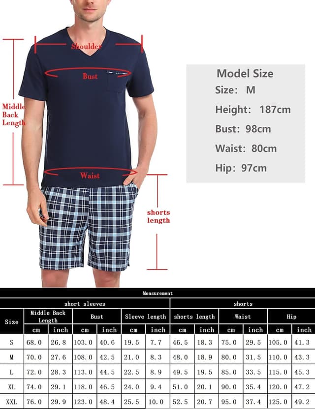 Detalle 2 de Ensemble de pyjama homme court Bresdk : coton léger col V et short à carreaux