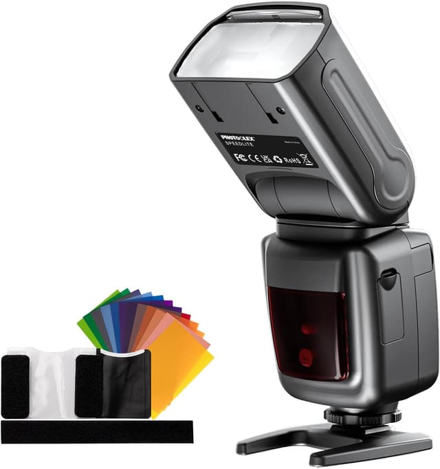 Detalle de PHOTOOLEX Speedlite con slitta hot shoe a contatto singolo GN33 per Canon, Nikon, Sony e altre SLR mirrorless