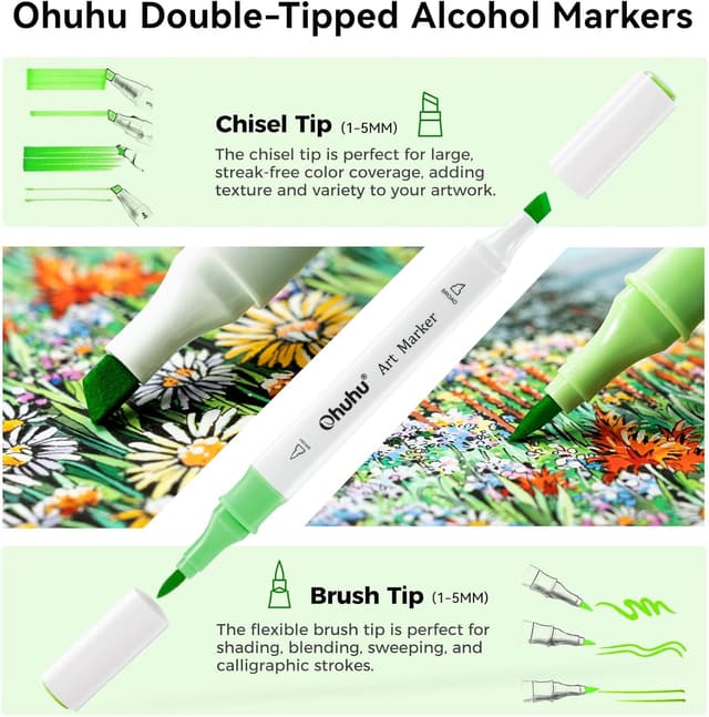Detalle de Ohuhu Alcohol Markers (48 Colour Brush Pens) – Double Tipped Brush & Chisel for Adult Colouring and Sketching