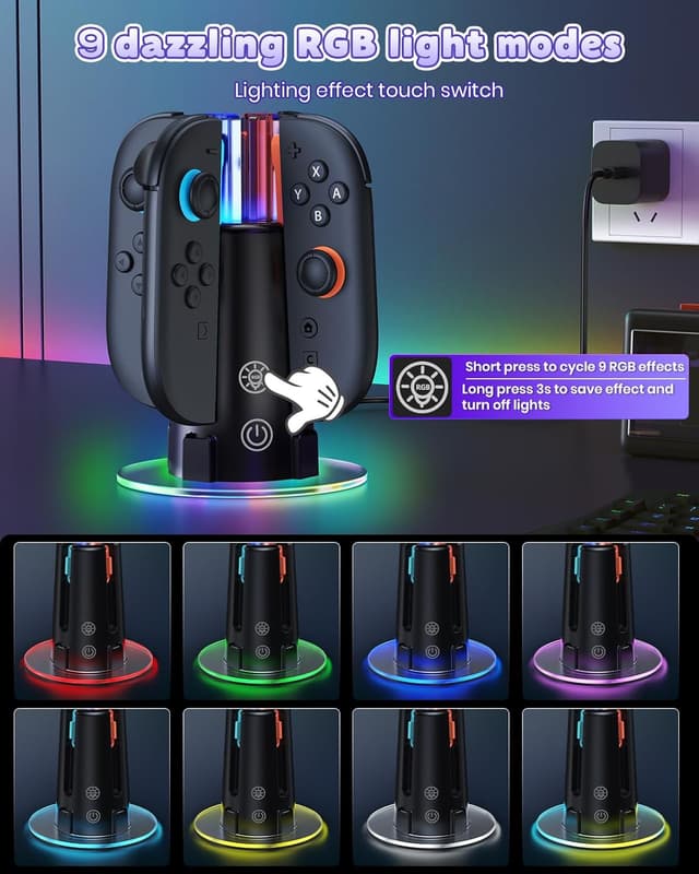 Thumbnail 5 de Switch Controller Ladestation für Joy-Con 2 & 1 mit RGB-Lichtern – kompatibel mit Nintendo Switch 2/1 & OLED
