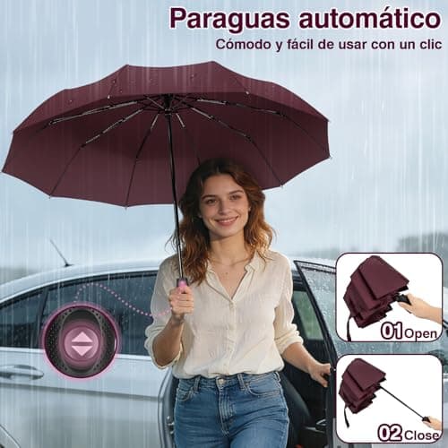 Thumbnail 5 de ZOMAKE paraguas plegable antiviento pequeño con apertura y cierre automático (rojo oscuro)