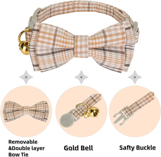 Detalle de YUDOTE 2 Pack Plaid Pet Collar (Red & Beige) with Bow Tie & Bell – Adjustable Fabric Collar for Small Cats