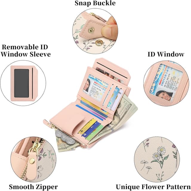 Detalle de GAEKEAO RFID-Blocking Floral Bifold Wallet for Women with Zip Pocket & ID Window (Vegan Leather)