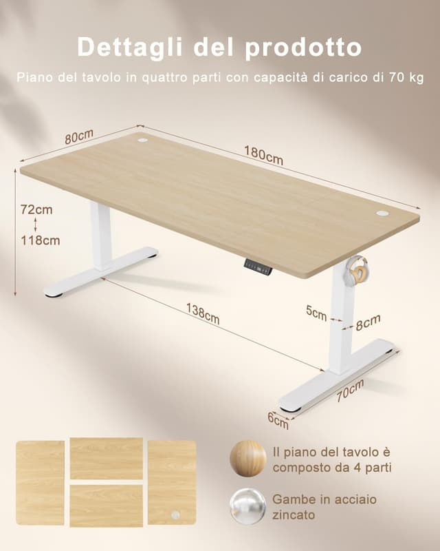 Detalle de TRIUMPHKEY Scrivania elettrica regolabile in altezza 180 x 80 cm con USB, 3 memorie
