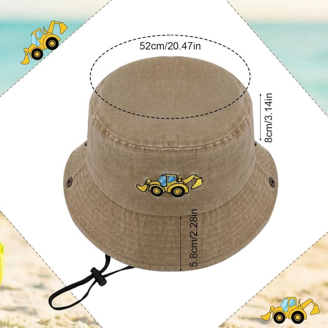 Detalle 2 de ViEinkaufen Kids Bucket Hat with Excavator Design (Beige) – Adjustable Drawstring & Chin Strap Sun Hat for Age 3–8