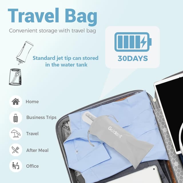 Detalle de GOLDANT 2026 cordless water flosser 350ml with travel bag, 5 modes and IPX7 waterproof (White)