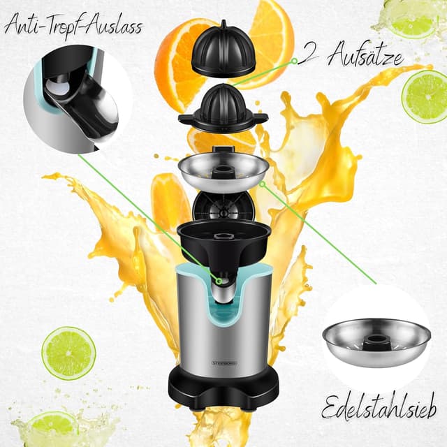 Detalle de Elektrische Saftpresse Zitruspresse 800 Watt mit Longlife-Motor & Edelstahlgehäuse (für Zitronen, Orangen, Limetten, Grapefruit)