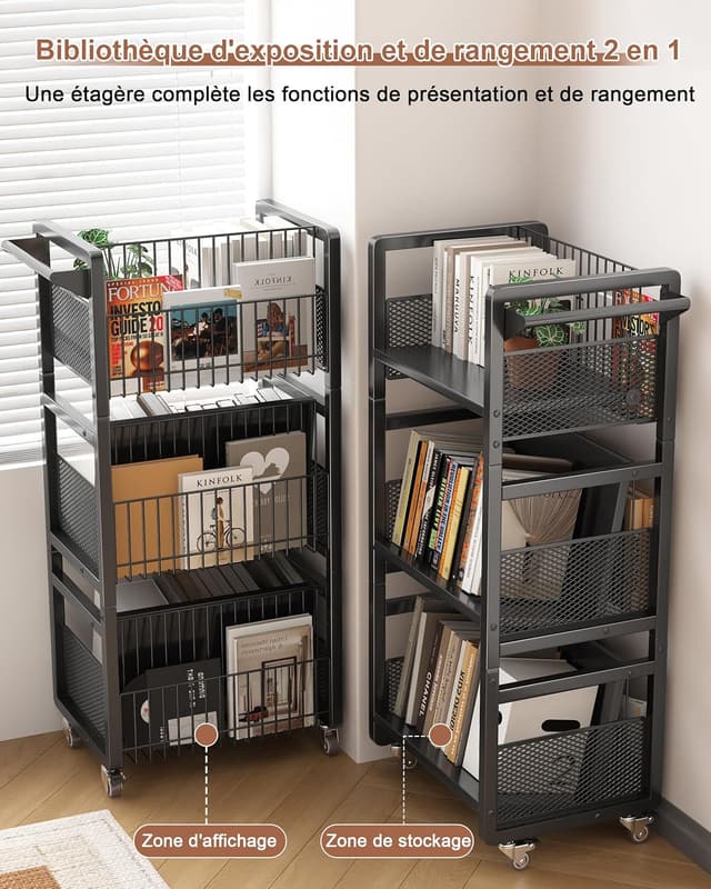 Detalle de Chariot livre bibliothèque à roulettes 70 kg avec 3 étagères mobiles et serre-livres magnétiques (noir)