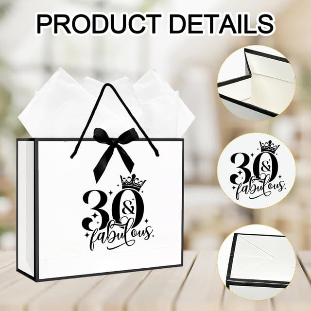 Detalle de 30th Birthday Gift Bag with Tissue Paper and Card (28 x 10 x 20 cm) – Medium Unisex Party Gift Bag