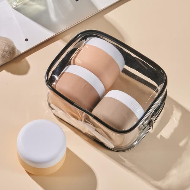 Detalle 2 de Aurdox Reisetöpfe-Set aus Silikon: auslaufsichere Creme-Behälter mit Spatel und transparenter Tasche (TSA-geeignete Mini-Größe)