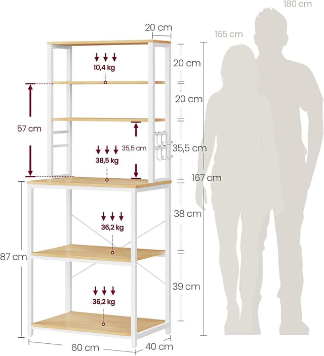 Thumbnail 2 de VASAGLE Küchenregal KKS024W09 – Standregal mit 6 Ablagen, 6 Haken und höhenverstellbarer Mittelablage
