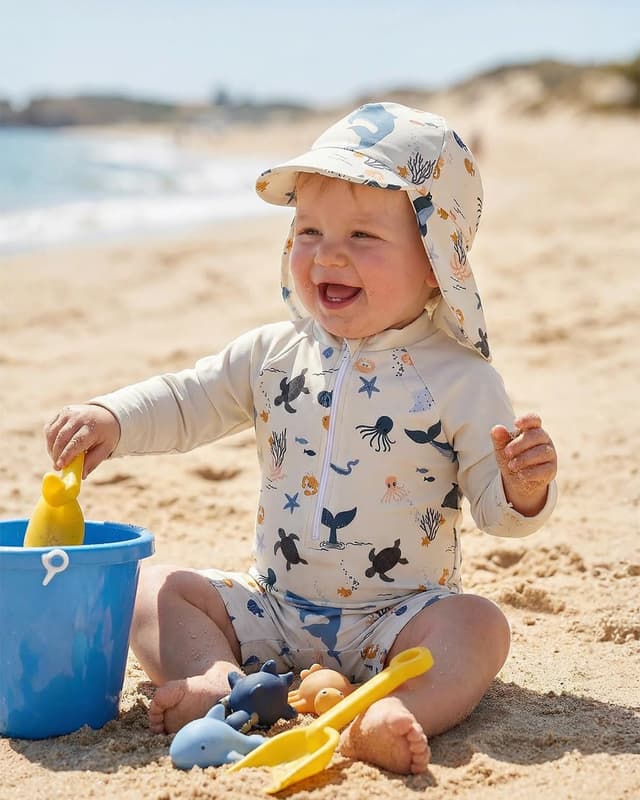 Detalle 2 de WYTbaby Baby-Badeanzug Einteiler mit UV-Schutz (Langarm) inkl. Sonnenhut