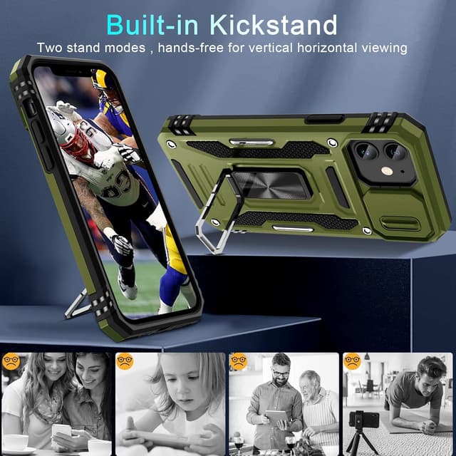 Detalle 2 de DEERLAMN iPhone 11 Case with Sliding Camera Cover, Magnetic Ring Kickstand & Screen Protectors (Olive Green, 2-pack)