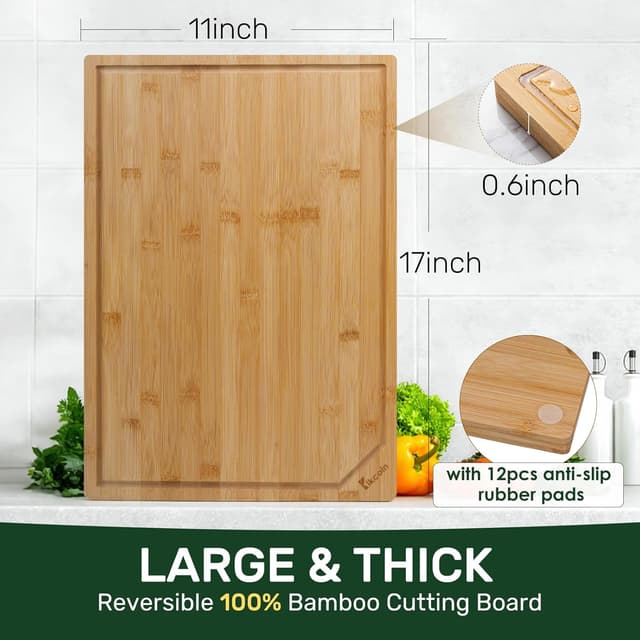 Detalle de Kikcoin 17” x 11” Bamboo Cutting Board with Deep Juice Groove & Handle