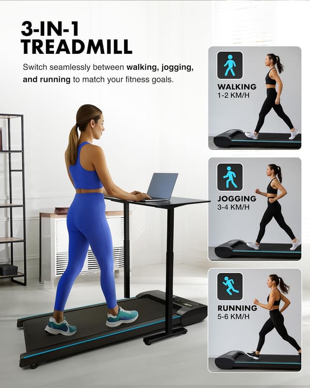 Detalle de Kayman 3-in-1 Walking Pad Treadmill (Under Desk) with Remote, 10% Incline, 1–6km/h and LED Display