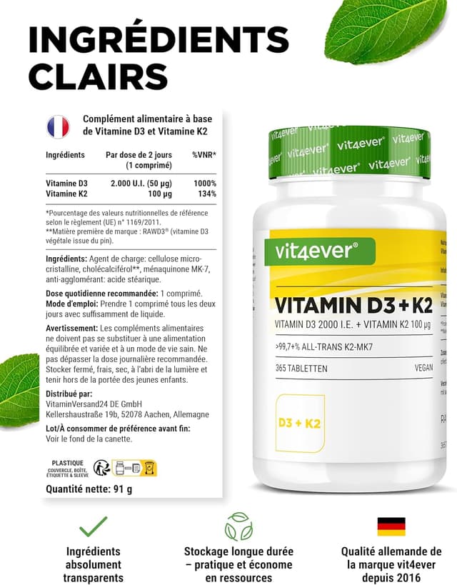 Detalle de vit4ever Vitamine D3 + K2-365 : 2000 UI de D3 et MK-7 par comprimé (365 comprimés)