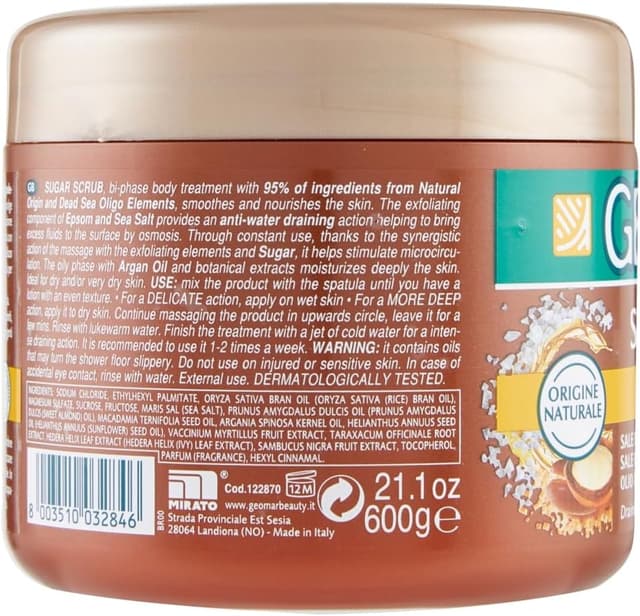 Detalle 2 de GEOMAR Sugar Scrub Corpo Drenante con Sale Marino, Sale di Epsom e Olio di Argan – 600 g