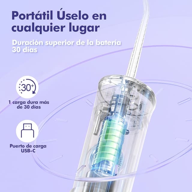 Detalle 2 de Bezvoi Idropulsore Dentale Portatile Senza Fili 180 ml con 5 modalità, IPX7 e ricarica USB-C