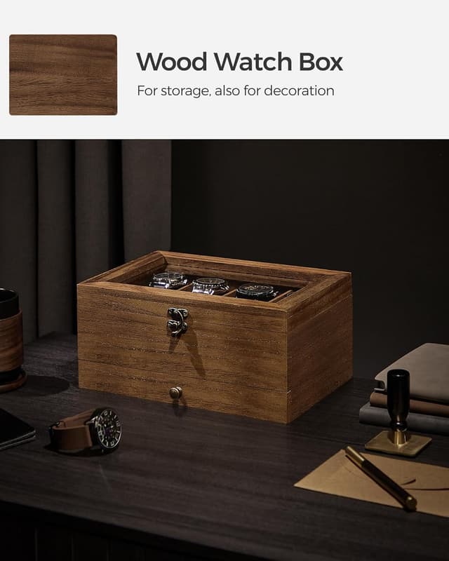 Detalle de SONGMICS JOW008K01 Rustic Walnut 8-Slot Watch Box with 2 Tiers and Glass Lid
