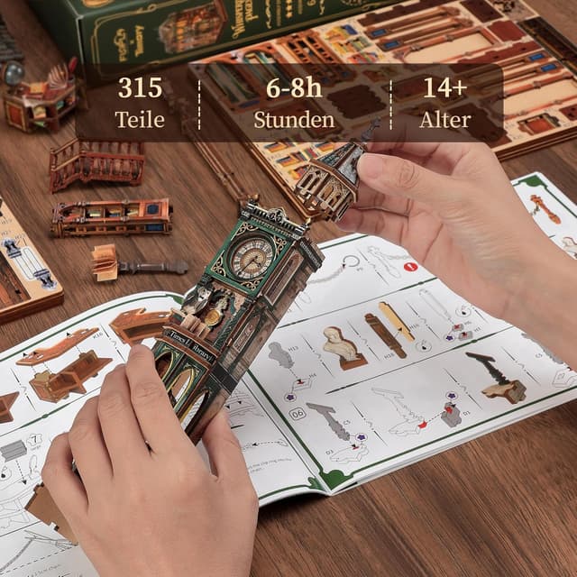 Detalle de FUNPOLA Magic Library Book Nook Kit mit LED 3D und Infinity-Spiegel – DIY Holzpuzzle für Mini-Bibliothek