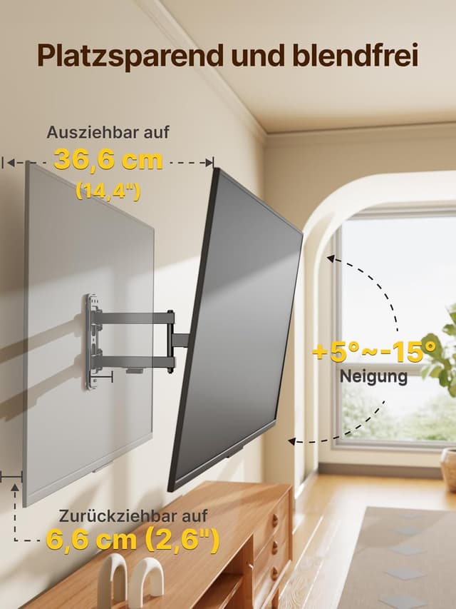 Detalle de monTEK TV Wandhalterung für 13–55 Zoll Flach & Curved bis 25 kg, schwenk-/neigbar, ausziehbar, VESA bis 400×400